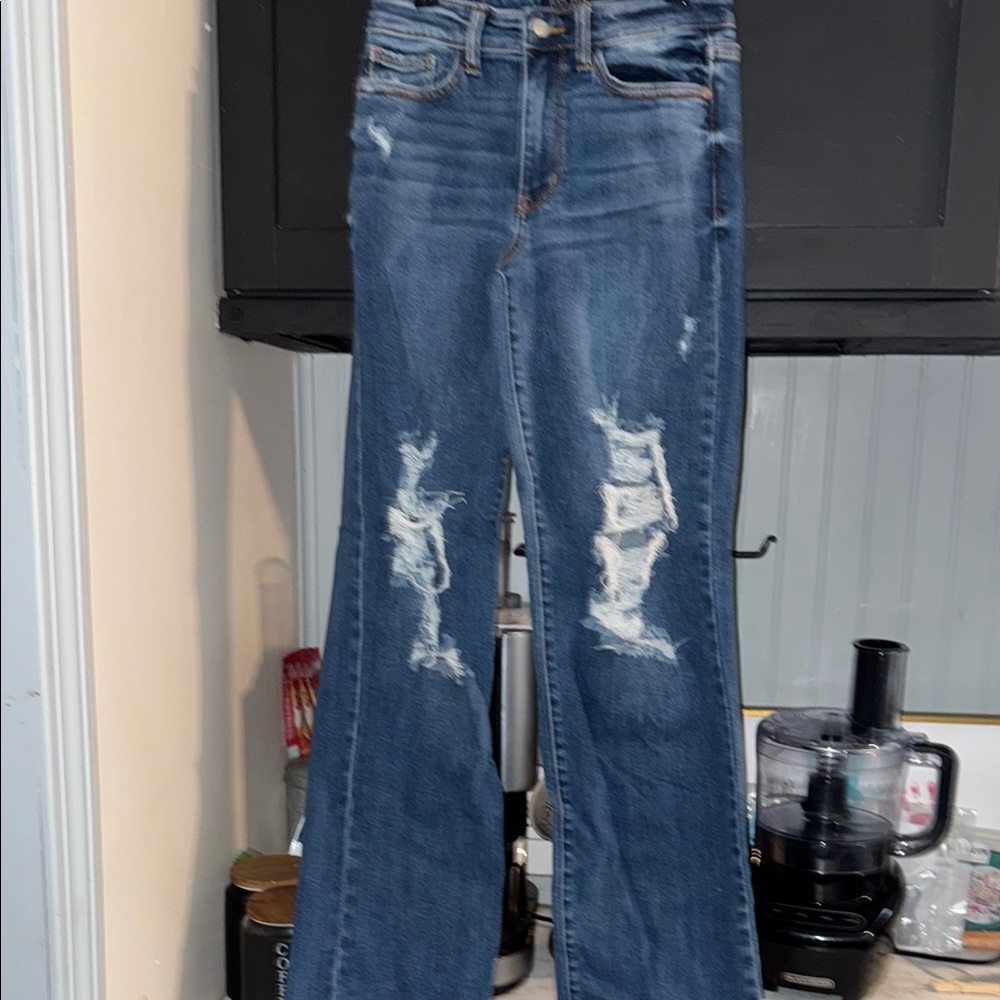 Judy Blue Flare Wide Leg Blue Jeans with Distressed Details
